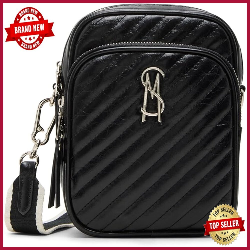Quilted Crossbody Bag with Zipper Pockets, Faux Leather, One Size